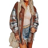 Womens Plaid Corduroy Patchwork Shackets Flannel Shirt Long Sleeve Button Down Shirts Jacket