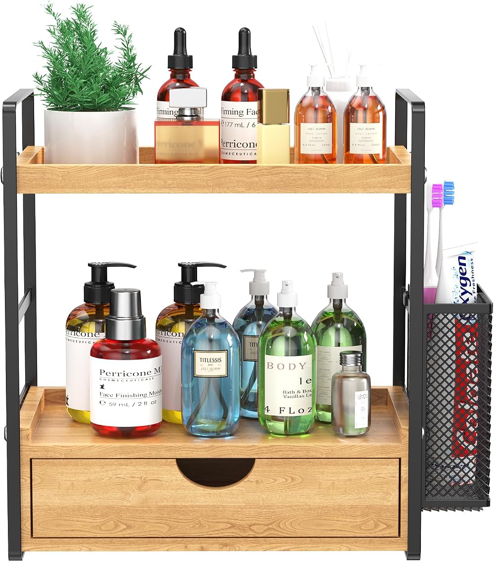 LEMIKKLE 2-Tier Wood Vanity Organizer with Drawer, Cosmetic & Bath Storage