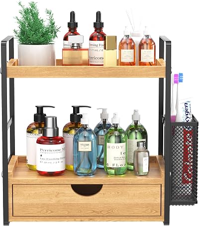 LEMIKKLE 2-Tier Wood Vanity Organizer with Drawer, Cosmetic & Bath Storage