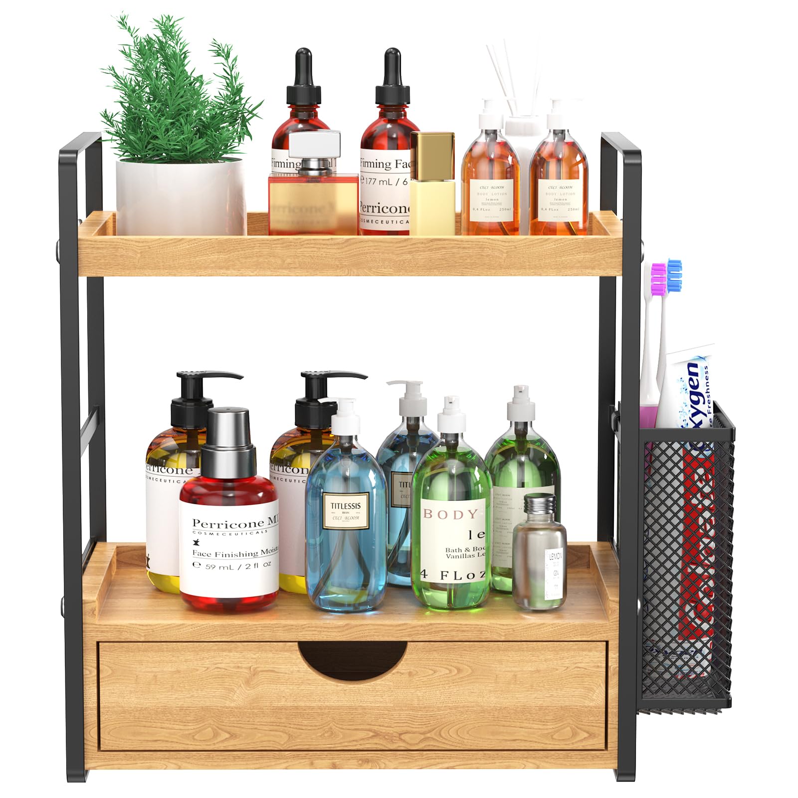 LEMIKKLE Bathroom Counter Organizer with Basket, Bathroom Organizers and Storage,Skincare Organizers for Vanity,Storage Organizers for Bathroom, Kitchen, Dresser (Light Brown with Drawer)