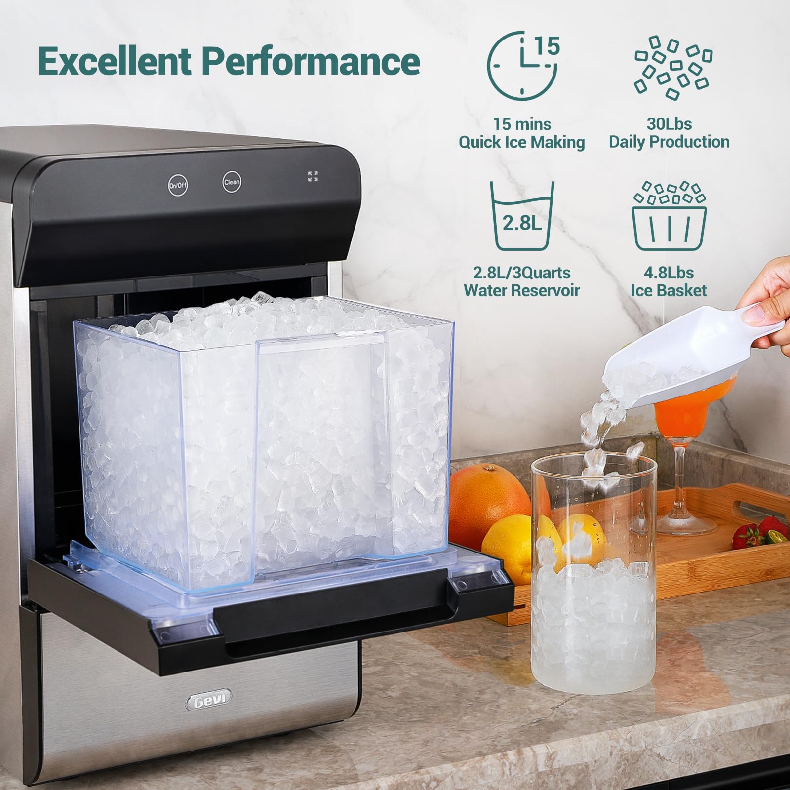 Gevi Household V2.0 Countertop Gemi Nugget Ice Maker with Viewing Window | Self-Cleaning Pebble Ice Machine | Open and Pour Water Refill | Stainless Steel Housing | 16.7''H Fits Under Wall