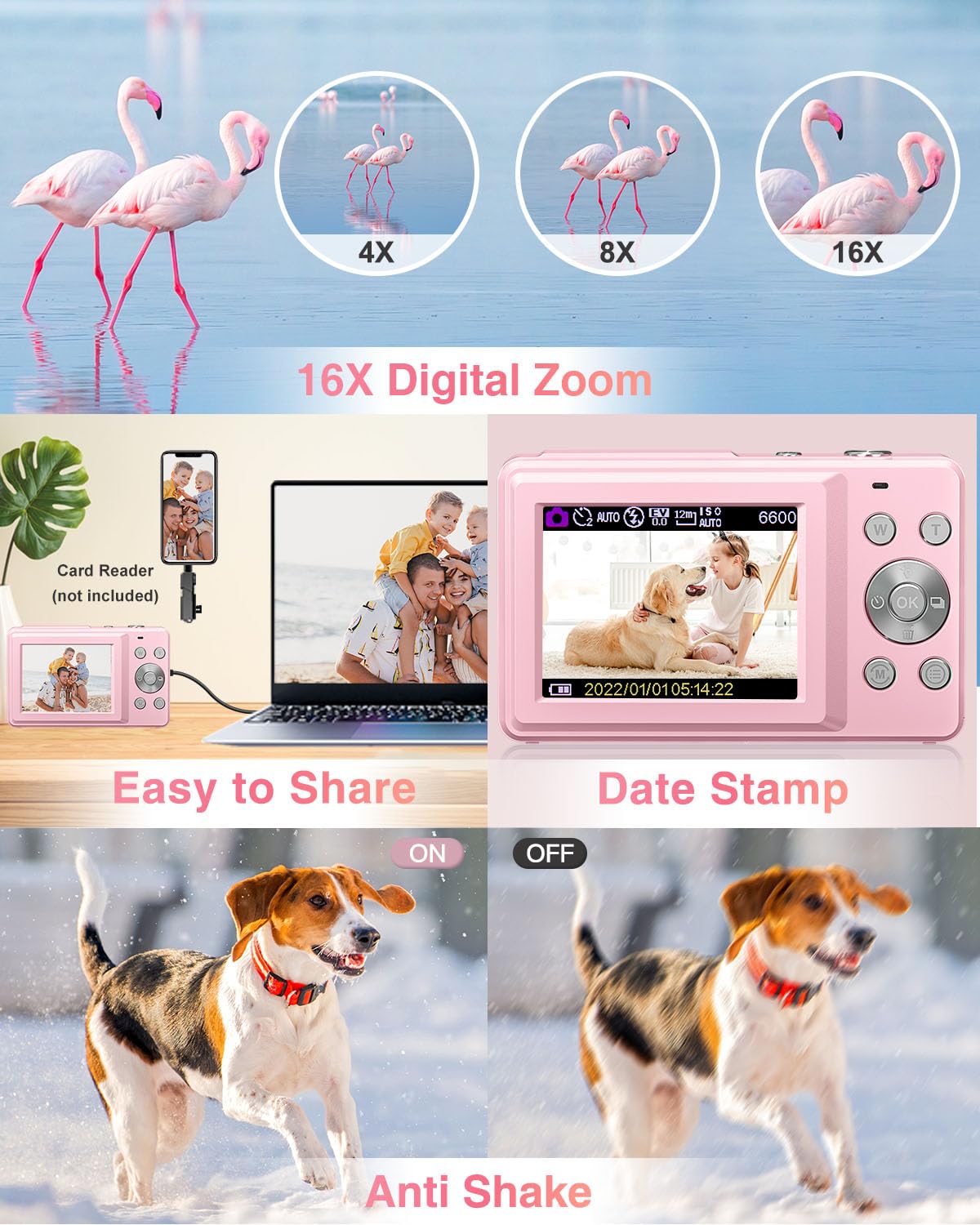 Digital Camera, FHD 1080P Point and Shoot Kids Camera, with 32GB Card, 2 Batteries, 16X Zoom Anti Shake Date Stamp, Compact Portable Small, for Starter Kid Children Teen Student Girl Boy(Pink)