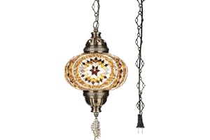 DEMMEX Plug-in Turkish Moroccan Mosaic Hanging Pendant Ceiling Light – Swag Lamp Fixture with 15ft Cord & Chain, Handcrafted Glass, Tiffany Style, Mediterranean Decor (Amber Brown)
