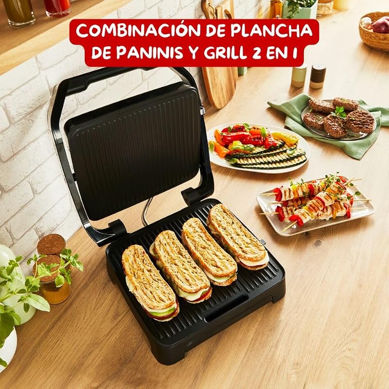 Inicio, Plancha y grill para paninis con calentamiento rápido, 2000 W, Placas antiadherentes, Gran superficie de cocción, Óptima para 4-6 personas, Uso versátil y compacto, GI271D10