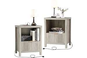 OAKHAM HOME Night Stand Set of 2, Fluted Nightstand with Charging Station Bed Side Table End Table with Drawer Storage Mid Century Wood Night Stands for Bedroom Living Room Sofa Couch (Grey Oak)