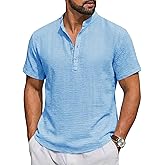 Runcati Mens Casual Henley Shirt Short Sleeve Band Collar Textured Shirts Summer Beach Hippie T-Shirts
