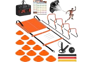 BORNEW Agility Speed Training Equipment Set - 20ft Speed Ladder, 12 Cones, 4 Adjustable Hurdles, Jump Rope, Parachute, 3 Resistance Bands | Ideal for Basketball, Football, Soccer, for Kids, Youth, Adults