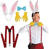 4 Pcs Easter Bunny Rabbit Costume Men Bunny Ear Headband Bow Tie Glove Y Back Adjustable Suspender for Adult Cosplay