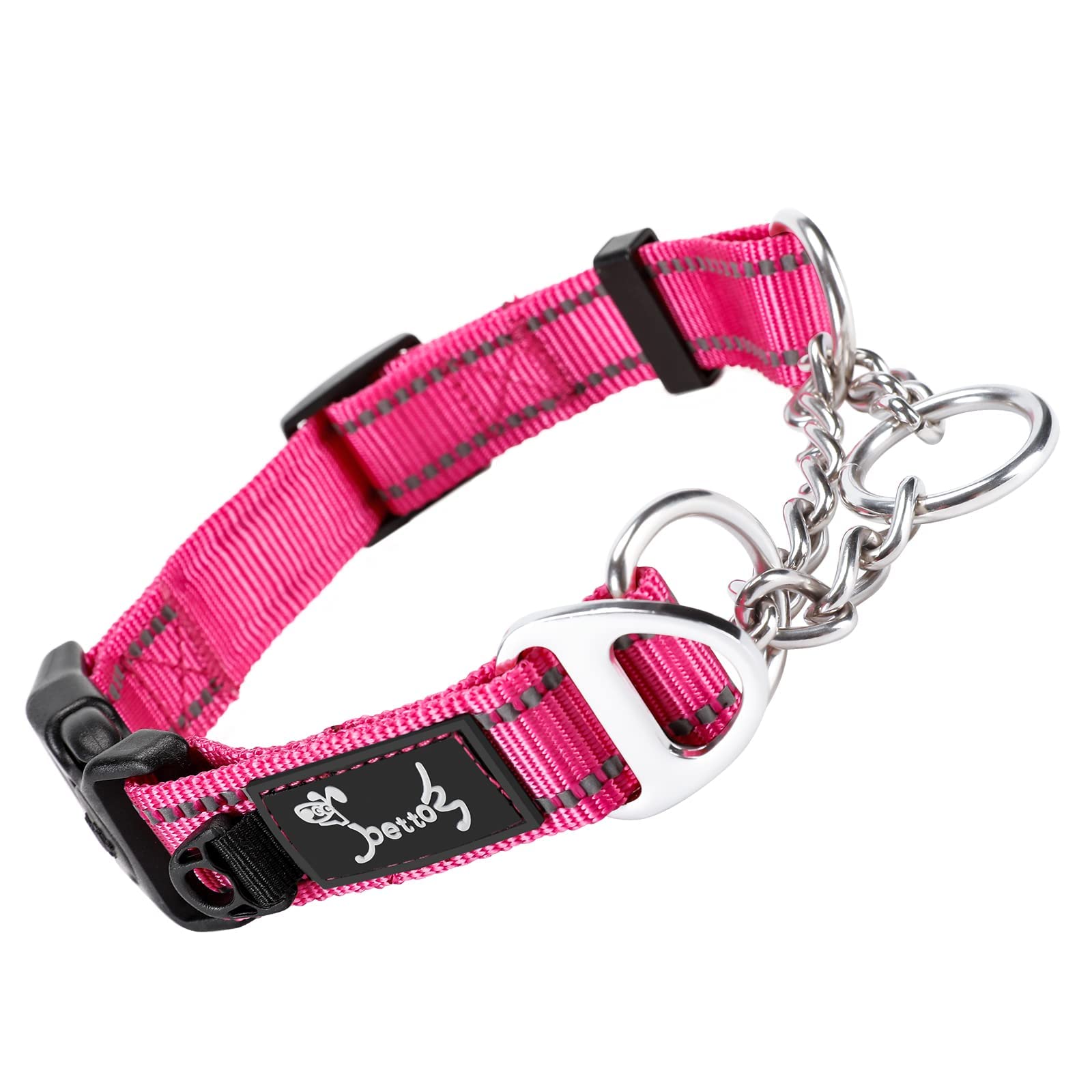 PETTOM Half Choke Dog Collar Adjustable Reflective Nylon Dog Choker Chain Collar, Chew Proof Metal Chain Half Check Collar for Medium Large Dogs (M: 43-52CM, Pink)