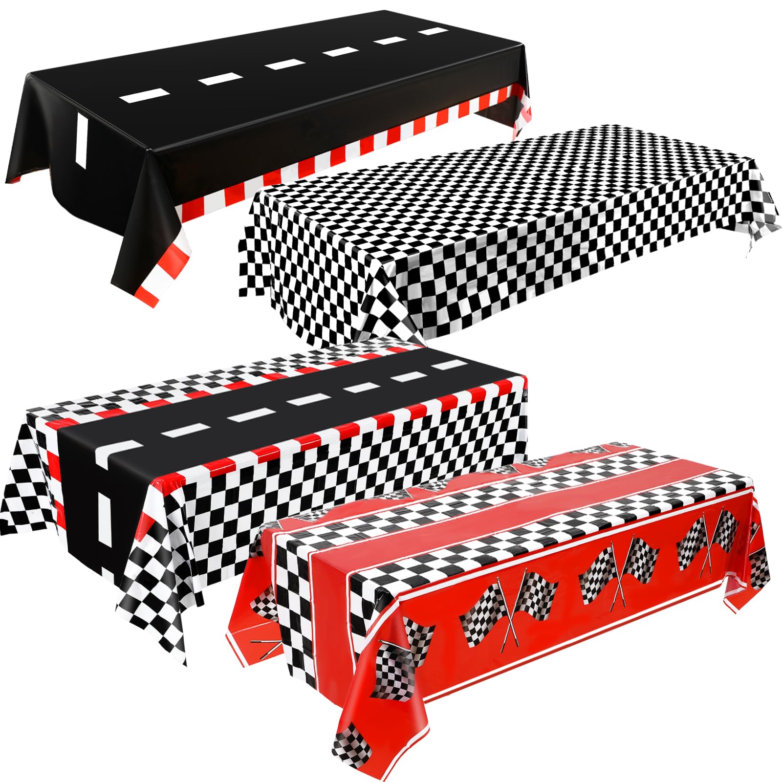 Photo 1 of Breling 4 Pcs Car Birthday Party Decorations Plastic Car Table Cloth 4 Styles Disposable Race Road Checkered Party Supplies Car Theme Party Favors for Boys Birthday Baby Shower, 54 x 108 Inch