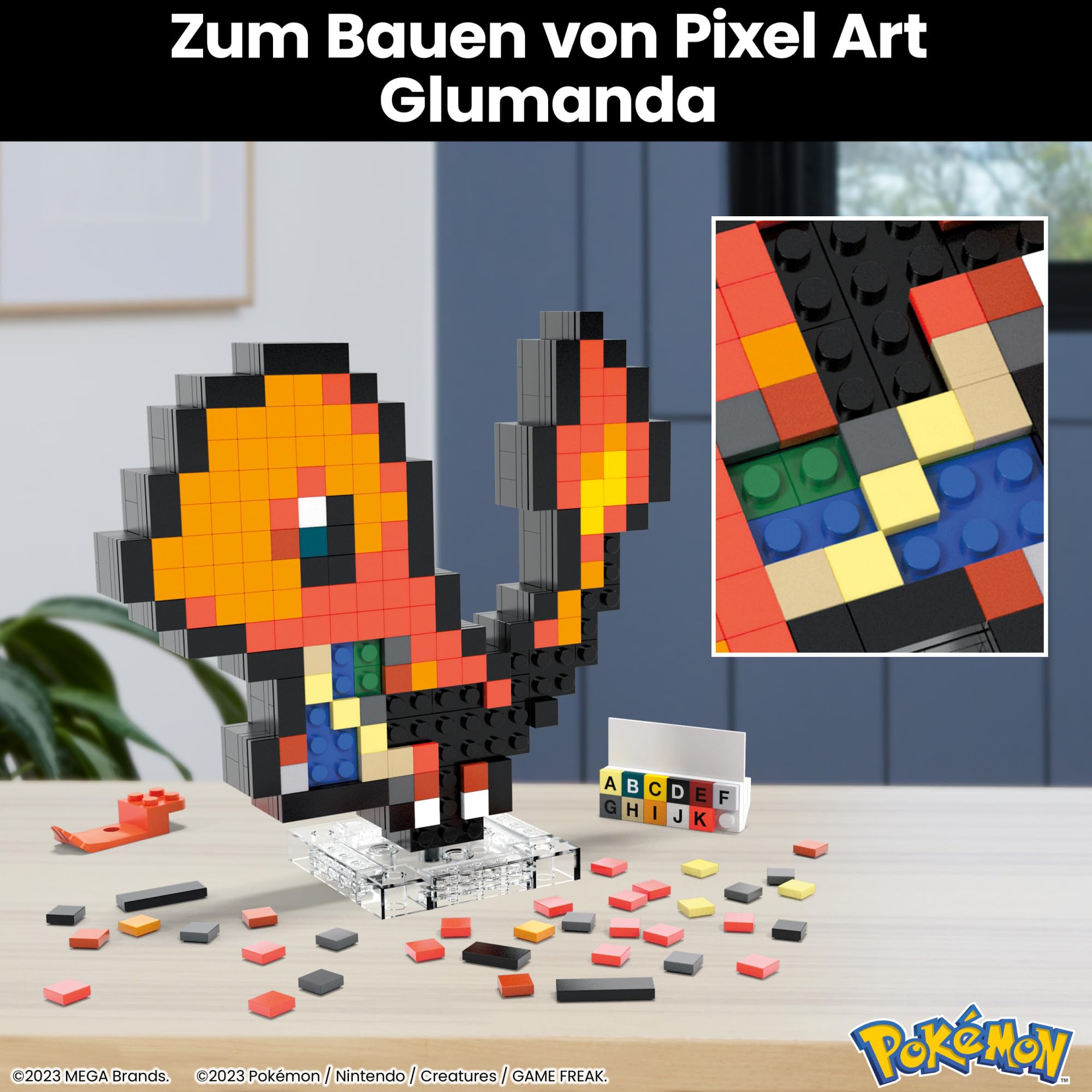MEGA Pokémon Glumanda - zusammenbaubare Figur im Retro-Look, Pixel Art, inklusive Basis zur Wandmontage, für Erwachsene Baumeister und Sammler, HTH76 4