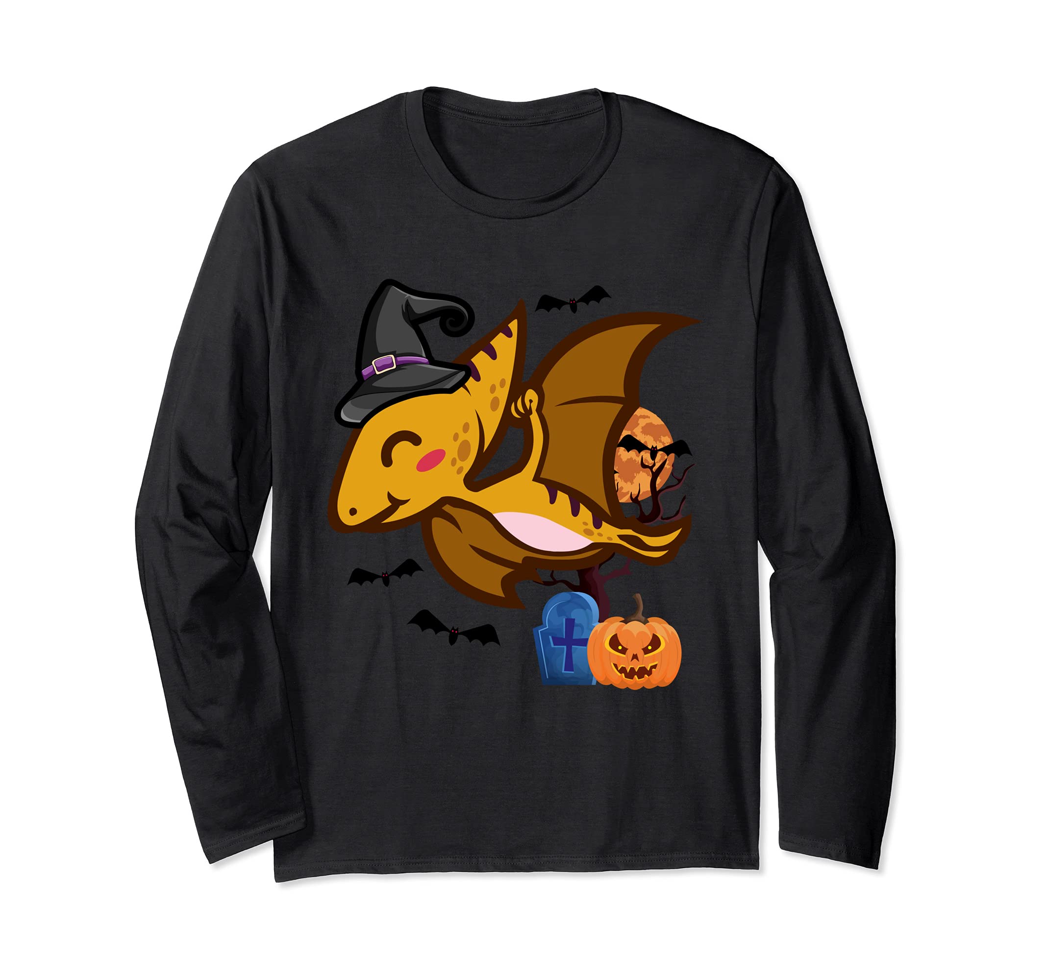 Pterosaur Dinosaur Witch Wizard Pumpkins Halloween Costume Long Sleeve T-Shirt