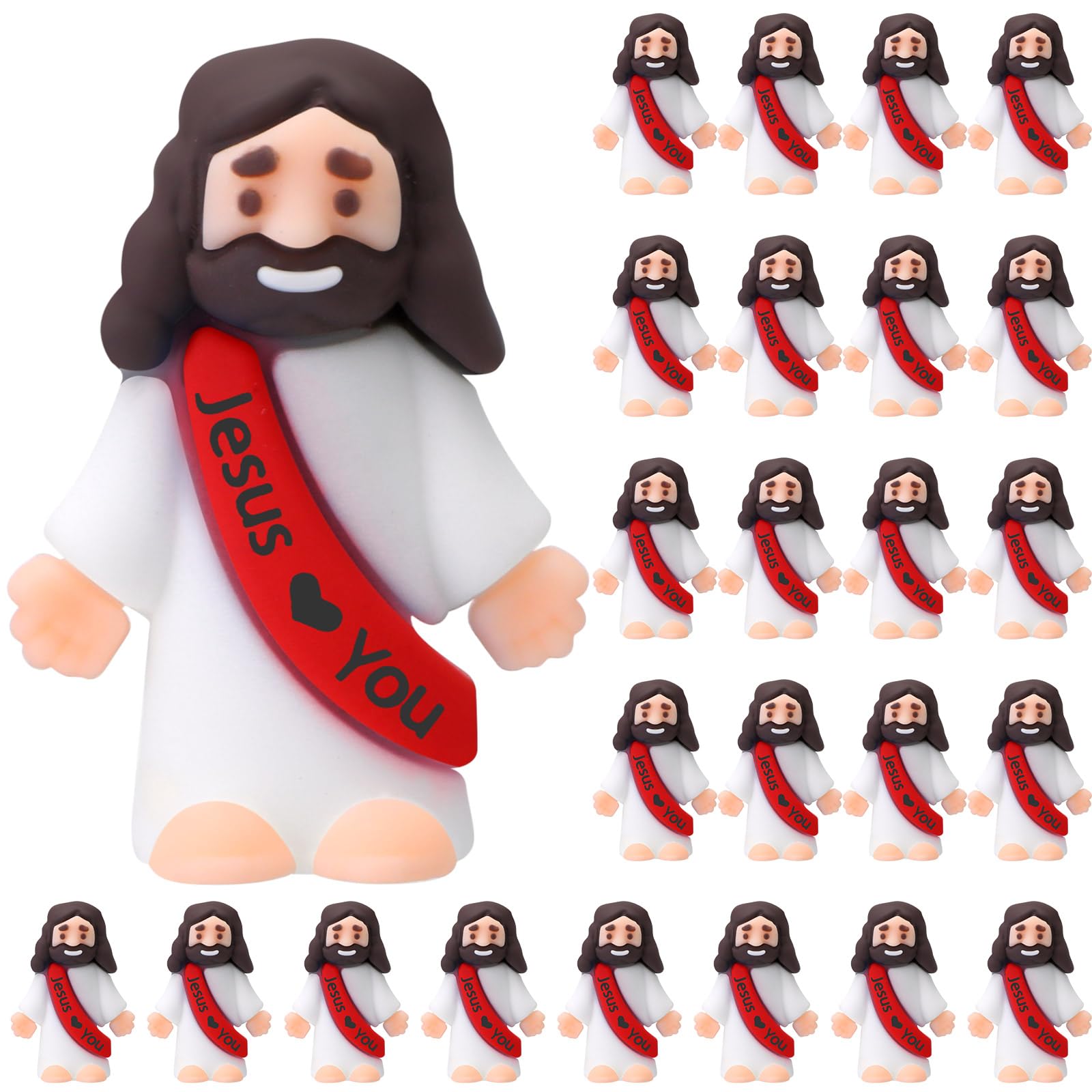 Photo 1 of Bememo 25 Pcs Little Jesus Figures Original Design Jesus Love You Mini Rubber Toys to Hide and Seek Christmas Religious Party Favors Sunday School Baptism Gifts(Red)