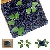 WANTMAZOR 100Pcs Navy Blue Artificial Flowers Roses Real Looking Foam Fake Roses with Leaves and for DIY Wedding Bouquets Bridal Shower Centerpieces Party Decorations (Navy Blue, 100)