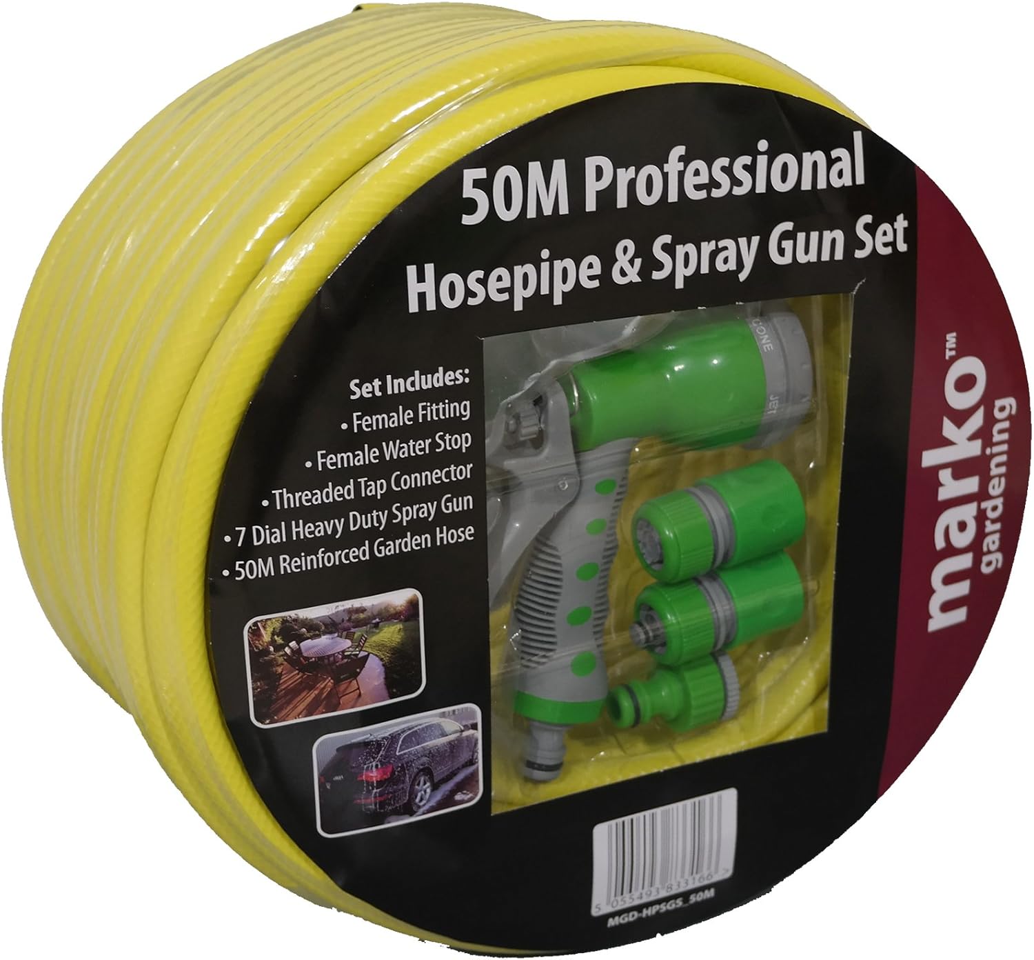 50M Yellow Professional Hosepipe & Spray Gun Set with Fittings Heavy