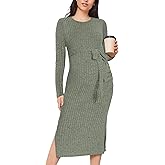 guruixu Crewneck Maternity Sweater Dress Rib Knit Long Sleeve Slit Pregnancy Dress Clothes with Belt