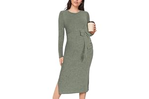guruixu Crewneck Maternity Sweater Dress Rib Knit Long Sleeve Slit Pregnancy Dress Clothes with Belt