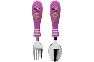 Zak Designs Minnie Easy Grip Flatware Fork And Spoon Utensil Set – Stainless Steel, Plastic, Perfect for Toddler Hands With Fun Characters, Contoured Handles And Textured Grips, Minnie Bowtique