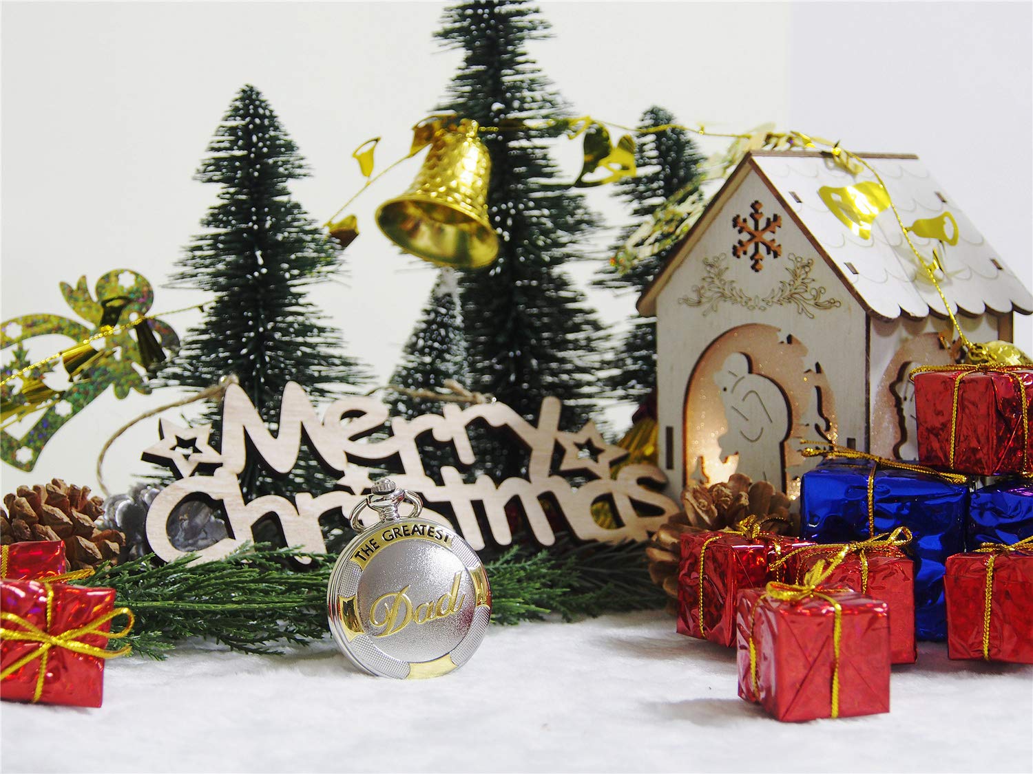 SEWOR Family Gift Beautiful Case Shell Dial Japanese Quartz Pocket Watch with Double Chain (Metal & Leather) (White Dad)