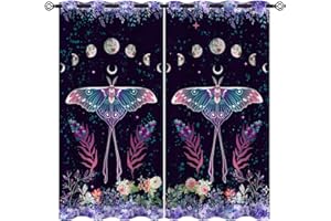 Palnokin Moth Butterfly Moon Phase Blackout Curtains for Girls Boys Kids Home Decor, Purple Boho Floral Grommet Thermal Insulated Drapes Darkening Window Curtain for Bedroom Living Room, 42 x 45 Inch