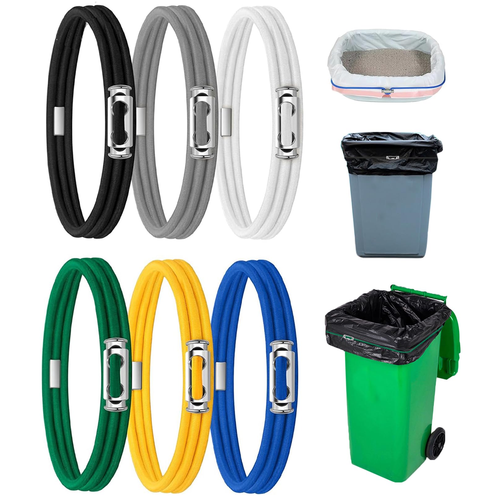 HAOXYO 6 Pcs Large Elastic Bands,Trash Can Bag Bands,Kitchen Trash Bag Bands for 13 to 30 Gallon Garbage Cans,Durable Trash Bag Bands Elastic Bands to Hold Trash can Bags in Place (6 Colors)