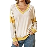 MAOECO Womens Color Block Oversized Sweatshirt V Neck Long Sleeve Shirts Casual Loose Pullover Tops