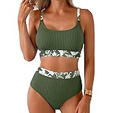 Herseas Women's Textured Bikini Sets Floral Print Trim Scoop Neck Swimsuits High Waisted Bathing Suits