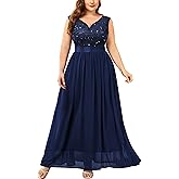 Miusol Women's Plus Size Elegant Lace Contrast Sequin V-Neck Floral Formal Evening Party Maxi Dress