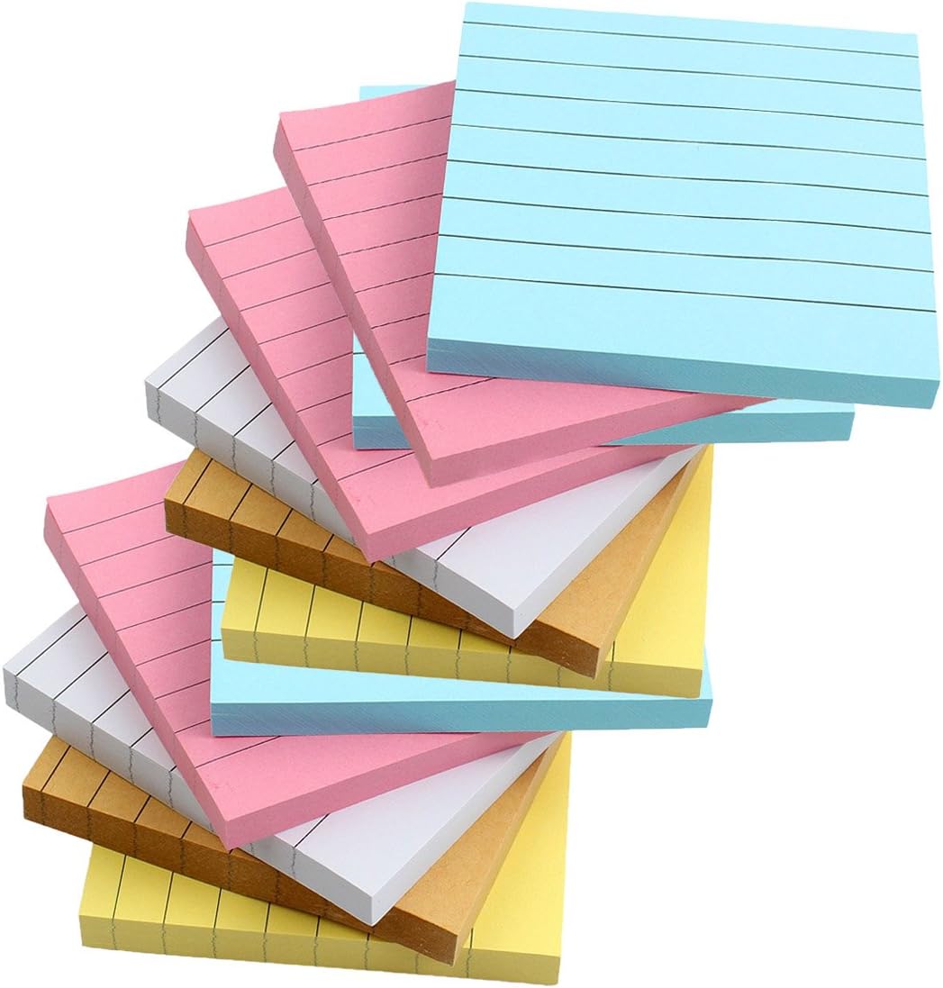 HONESTY 12 Pads/Pack Lined Sticky Notes 3 Inch X 3 Inch 80 Sheets/Pad Easy Post 5 Colors (Pink White Blue Yellow Brown)
