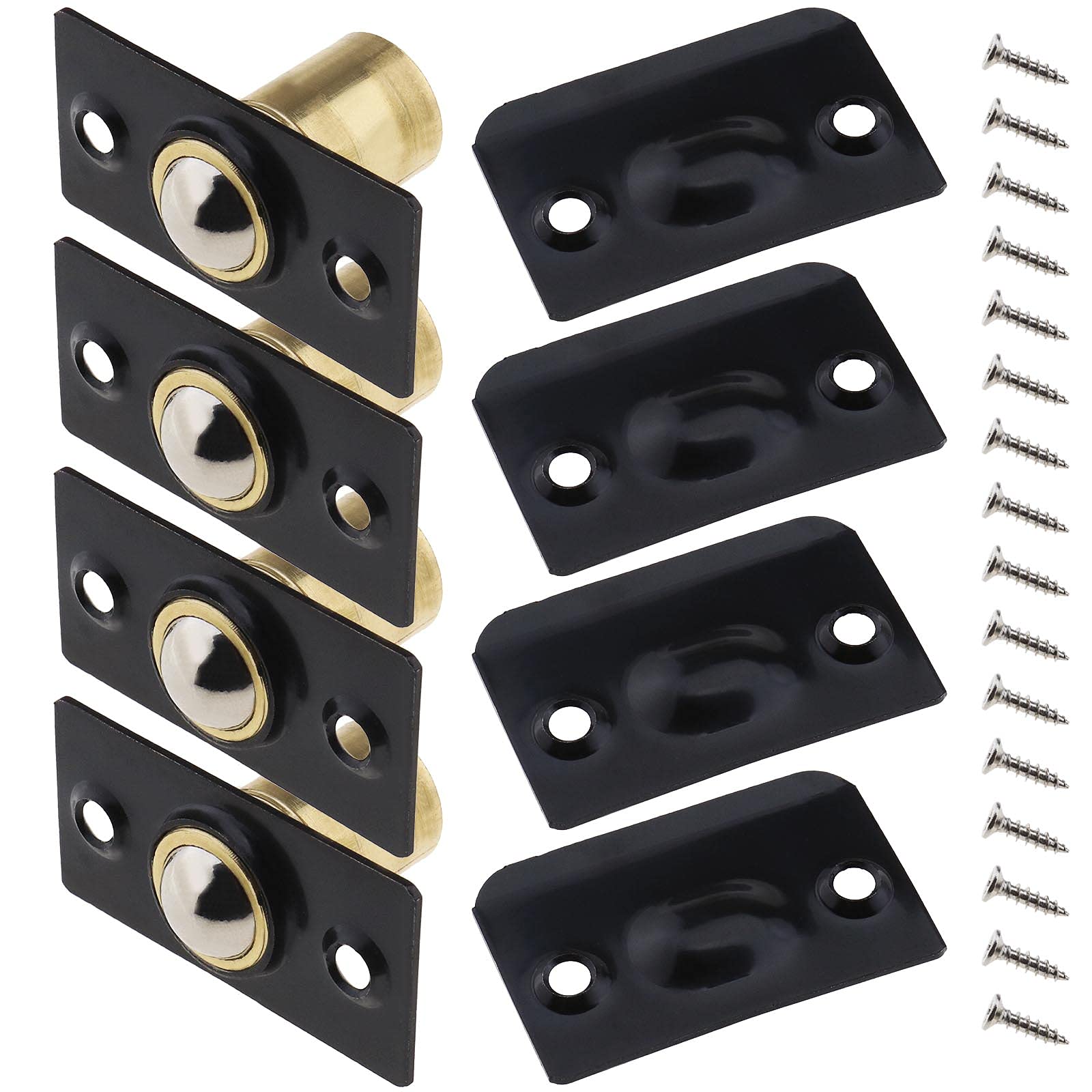 EMSea 4 Sets of Roller Ball Door Catch Latches with Fixing Screws for Home Kitchen Closet Wardrobe Door Cabinet Cupboard Hardware Adjustable Stainless Steel Pure Copper Black