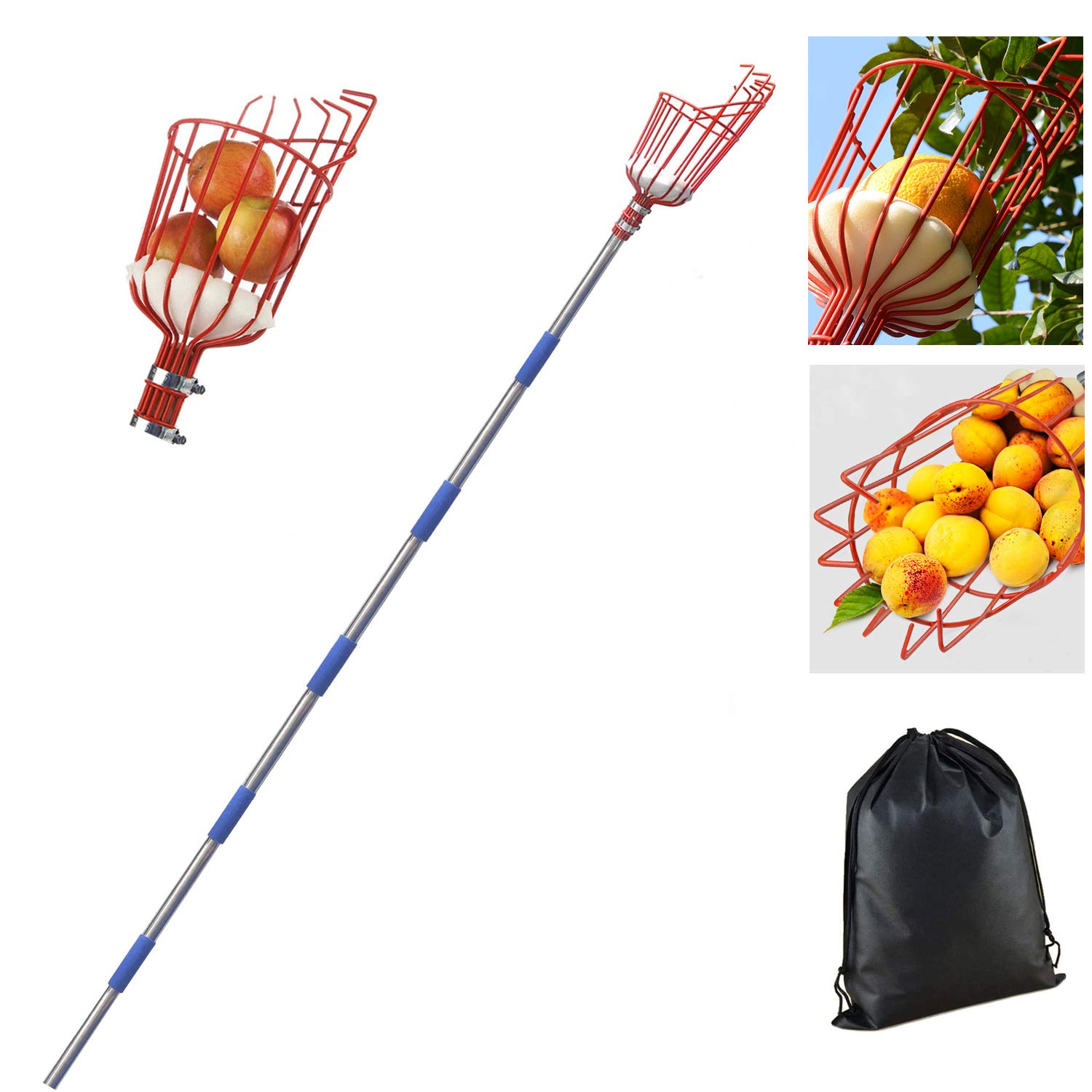 BOYO Fruit Picker Tool, 8 Foot Fruit Picker with Light Weight Aluminum Telescoping Pole and Basket, Fruit Grabber Easy to Assemble, Use Fruits Catcher Tree Picker for Getting Apple, Fruits Tree