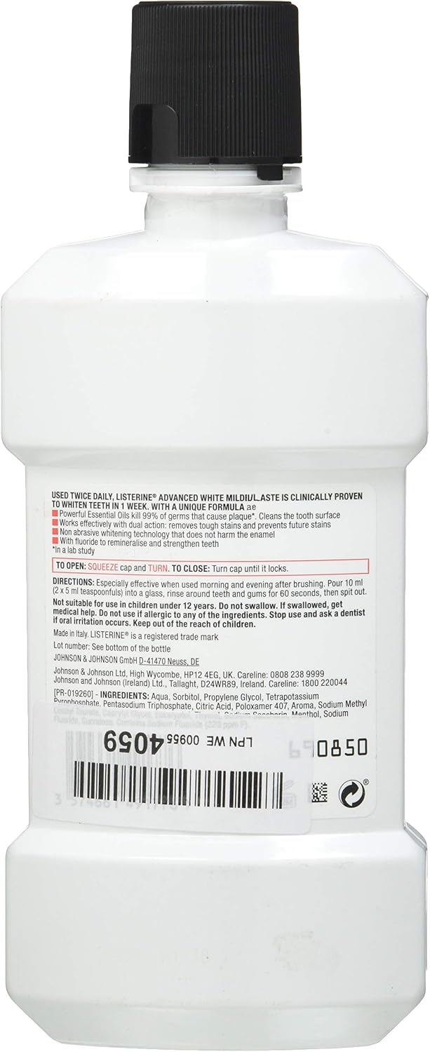 Listerine Advanced White Milder Taste (Zero Alcohol) Mouthwash (500ml) - Image 4