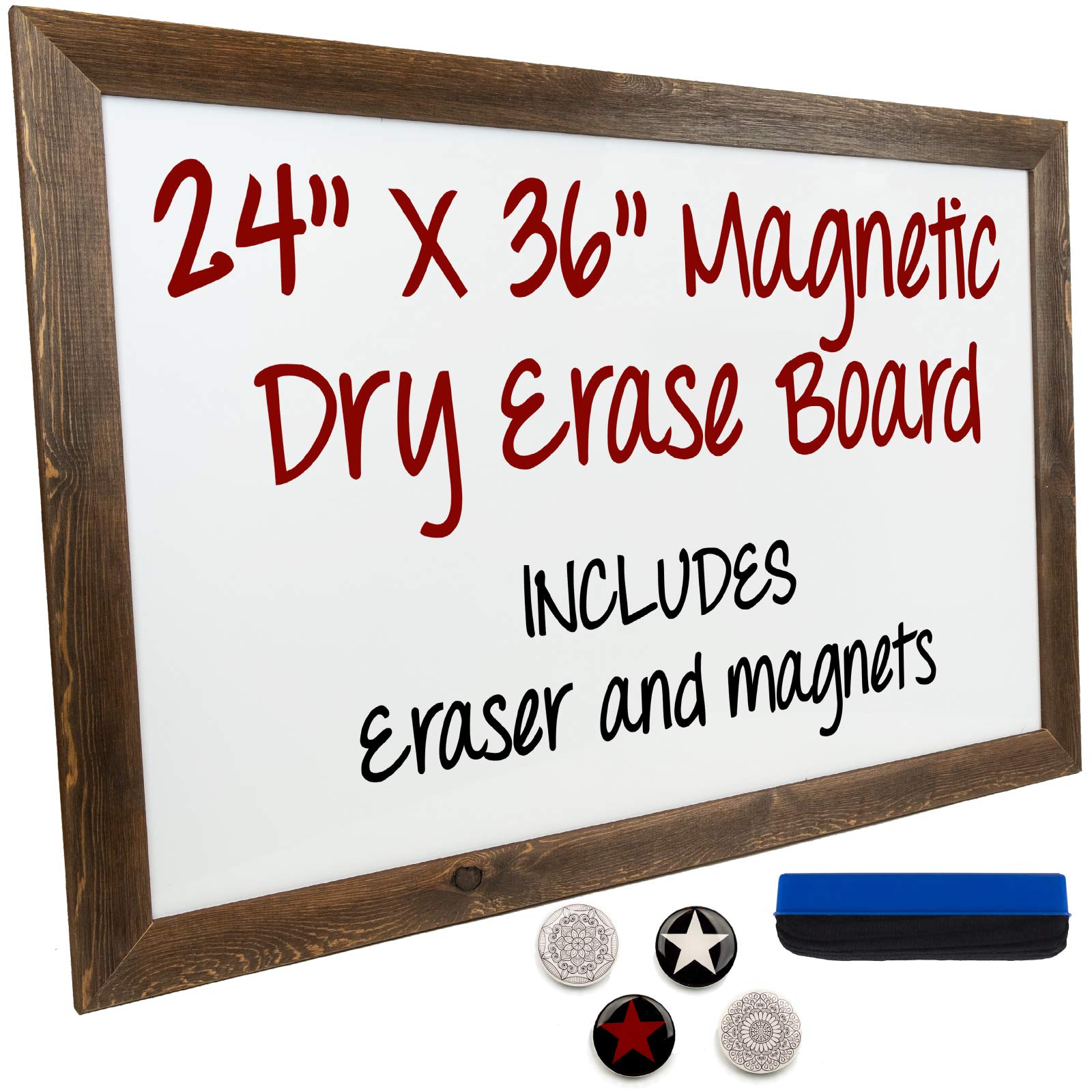 Dry Erase Magnetic White Board with Rustic Wooden Frame for Home, School, Office - 24"x36"