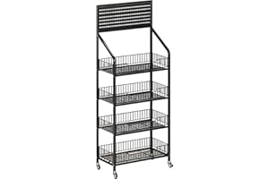 Fivaz 4 Tier Supermaket Snack Rack Display Stand, Free-Standing Black Retail Display Shelves with 12 Hooks & 4 Wheels, Large Metal Snack Shelf for Store Business
