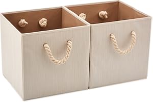 EZOWare Foldable Fabric Storage Bin with Cotton Rope Handle, Collapsible Resistant Basket Box Organizer for Nursery, Closet, and More (Set of 2, Beige)