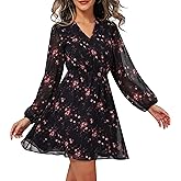 DERAX Women's Boho Floral Mini Dresses Fall V Neck Chiffon Long Peasant Sleeves 2026 Spring Short Dress
