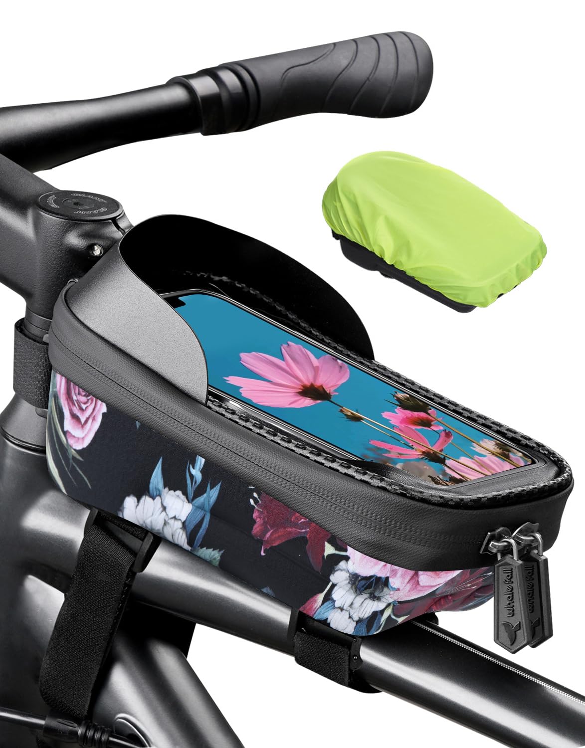 Photo 1 of whale fall Hard Casing Floral Bike Bag, Never Deform/Waterproof, Bike Phone Mount with 0.25mm Sensitive TPU Touch-Screen, with Rain Cover for Phones under 6.9''