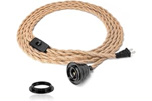 FRIDEKO HOME Industrial 15ft Pendant Lights - Hanging Light Kit with Switch Plug in Vintage Fabric Lamp with Twisted Hemp Rope Pendant Lights Socket Set E26 E27 for Pendant Lamp Farmhouse Lamp Cable DIY