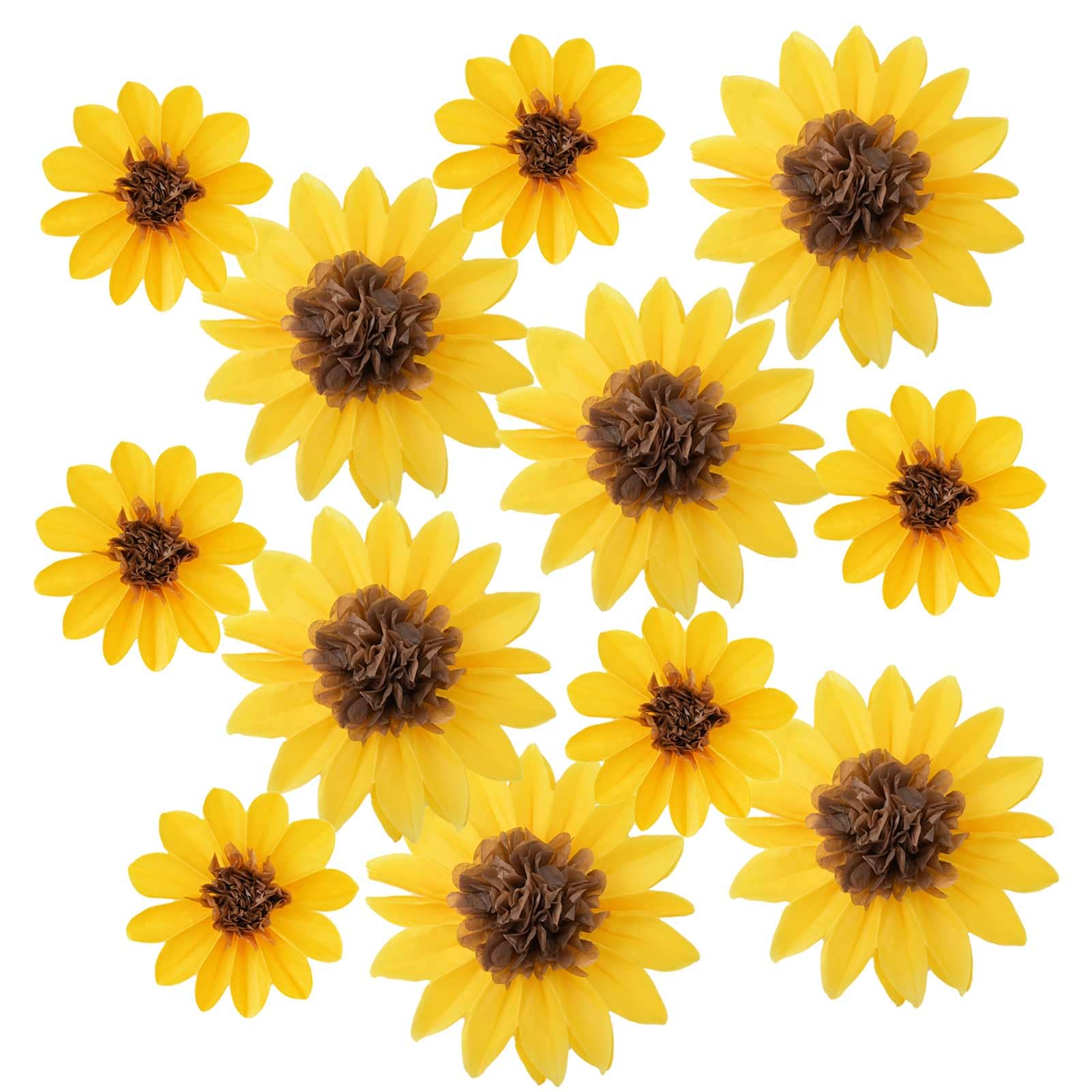 Photo 1 of 12Pcs Sunflower Tissue Paper Pom Poms Flower DIY 12" 8" for Yellow Brown Themed Birthday Party Sunshine Baby Shower Bridal Country Wedding Party iwlorys (Sunflower)