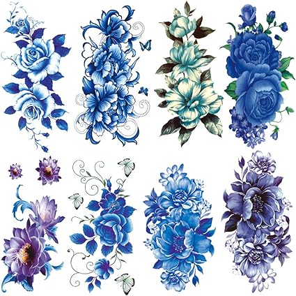 Amazon Co Jp Yesallwas タトゥーシール 薔薇 青 ブルー 花 8枚セット 紫 バラ ロース おしゃれ 防水 長持ち 入れ墨シール 腕 足 胸 女性 レディース タトゥーステッカー ボディーシール 刺青シール Blue Rose Tattoos Sticker 9x19cm 青 服 ファッション小物