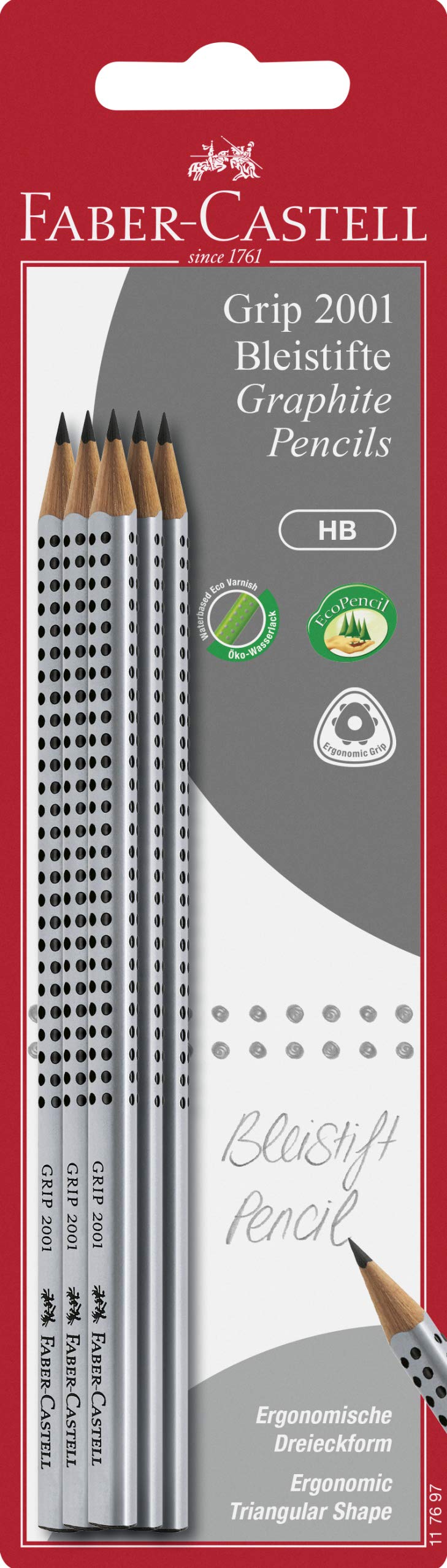Faber-Castell Grip 2001 117697 Pencils Set of 6 HB Hardness Silver Barrel