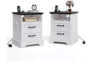 GarveeTech Set of 2 Modern Farmhouse Bedside Tables with Charging Station – 2 Large Drawers, USB & Outlets, Rustic White Wood