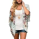 Chunoy Women Floral Kimono Loose Half Sleeve Shawl Chiffon Casual Cardigan Green Large