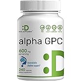 Alpha GPC 600mg Per Serving, 240 Capsules – Bioavailable Choline Replenishment –Nootropic Brain Health Supplements for Memory and Focus – Non-GMO, Gluten Free