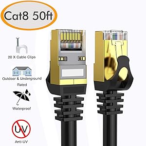 Cat 8 Ethernet Cable 50 ft Shielded, 26AWG Lastest 40Gbps 2000Mhz SFTP Patch Cord, Heavy Duty High Speed Cat8 LAN Network RJ45 Cable- in Wall, Outdoor, Weatherproof Rated for Router, Modem, Gaming