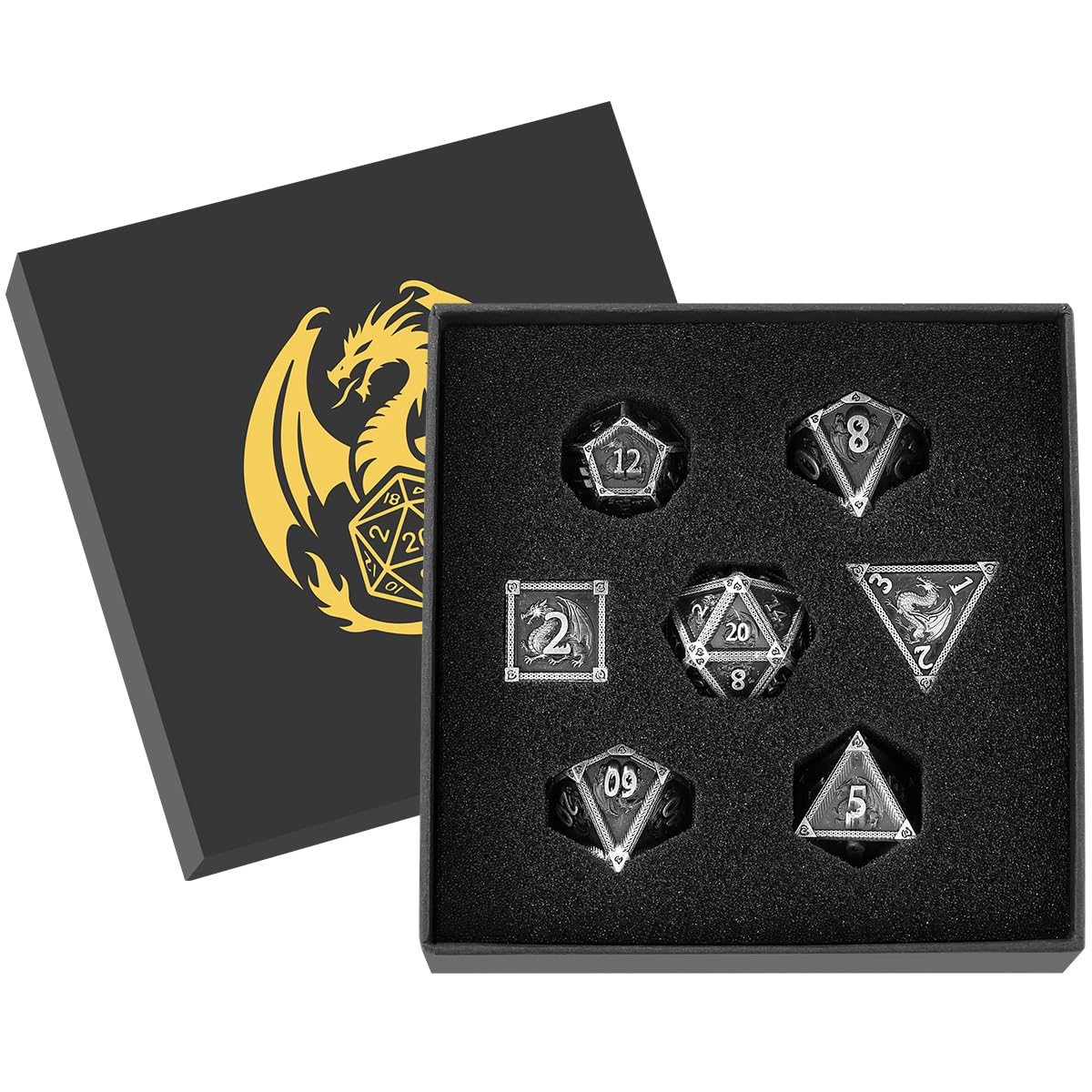 Metal Dice Set, Dragon Pattern, 7pcs Polyhedral Metal DND Dice Set, DND Starter Set, D&D Gifts with Gift Box, Role Playing Board Games Accessories, Silver β image 1