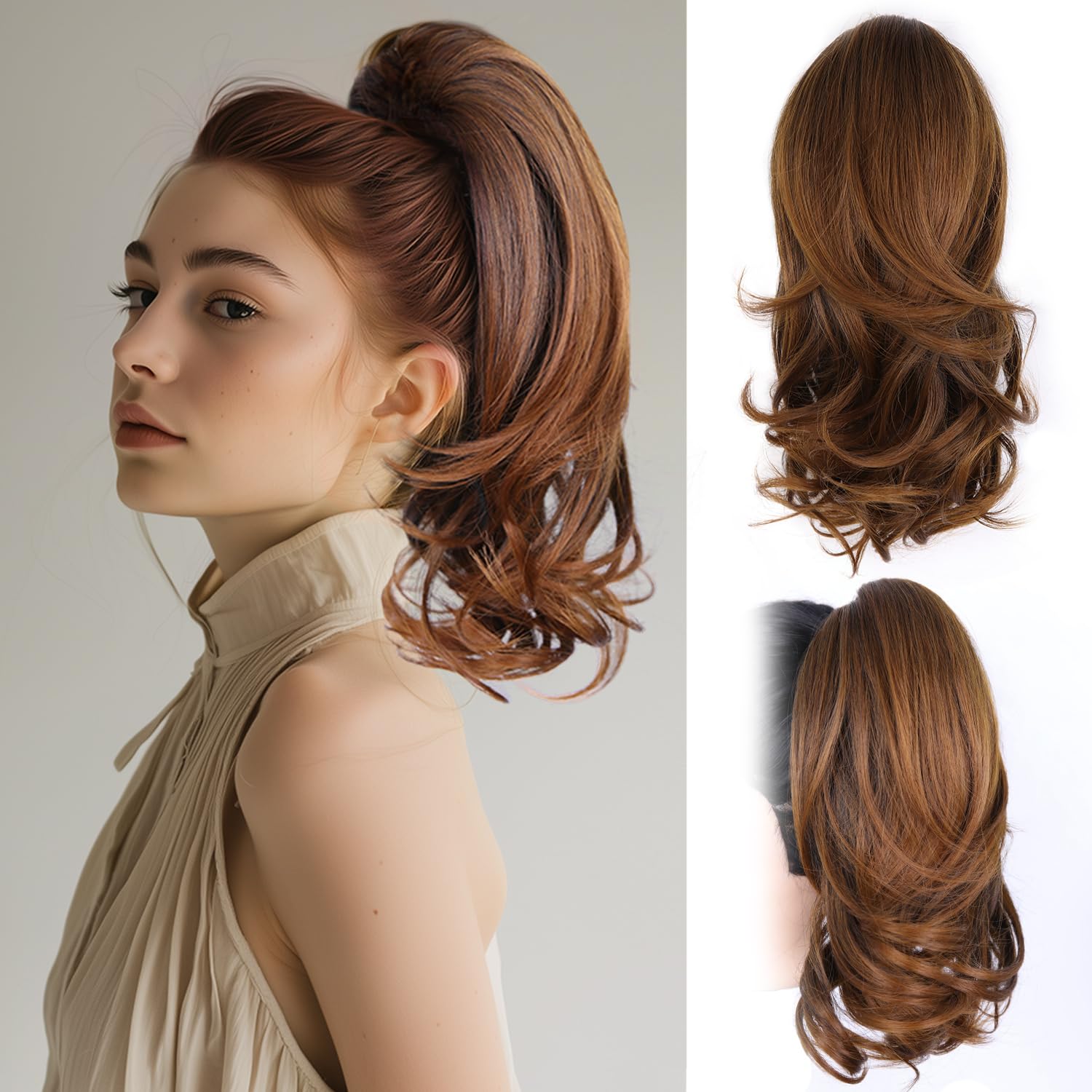 Photo 1 of ZQIAN BEAUTY Claw Clip Ponytail Extension - 14 Inch Curly Ponytail Extension, Wavy Pony Tails Hair Extensions, Synthetic Hair Extensions Ponytail, Clip On Ponytails for Women (Color: Copper Brown)