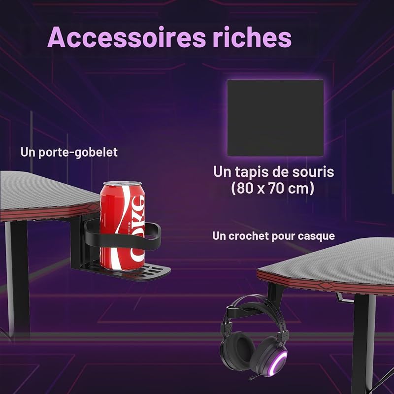 Bureau Gaming 180x60cm, Porte-Gobelet & Casque, Ergonomique, Noir — photo 4 sur 7
