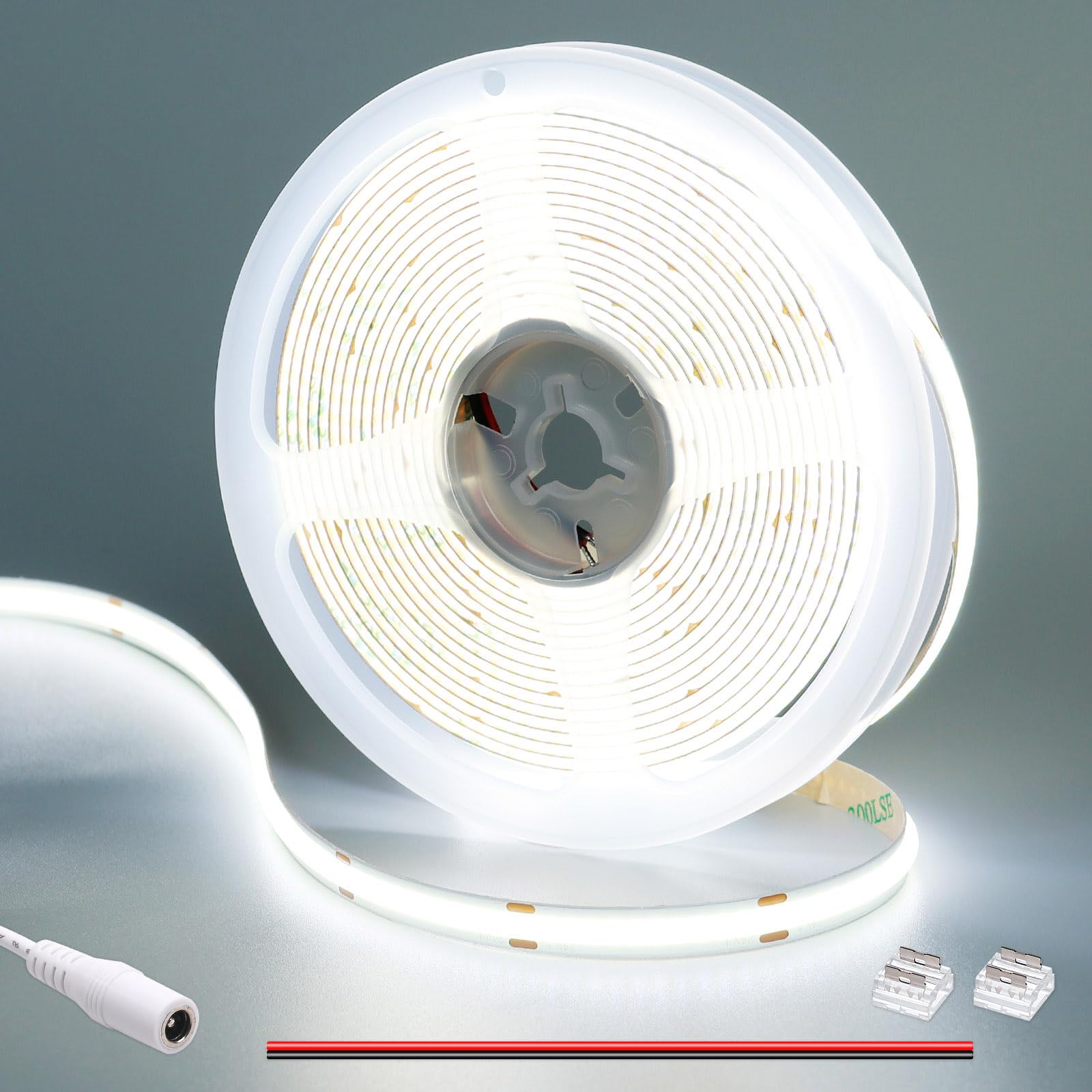 GOMING DC 24V COB LED Strip Light Cool White 6000K 5M 1560LEDs CRI 93+ 4100lm Uniform Glow Flexible Not Waterproof IP20 LED Tape Lights for DIY Bedroom Kitchen Home Decor(No Power Supply)