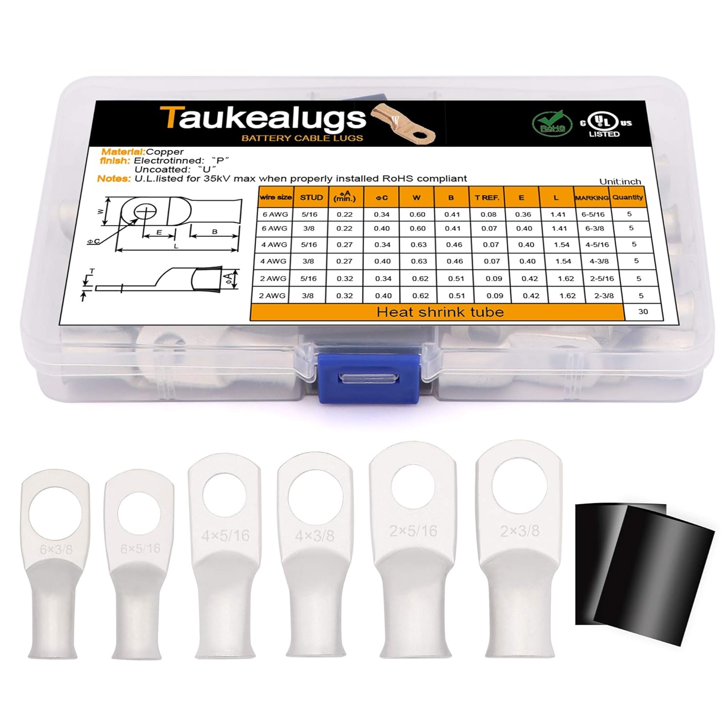 60PCS Battery Terminal Connectors Cable Ends and 2:1 Heat Shrink Tube, UL Listed AWG Crimp Copper Wire Ring lugs Assortment Kit: Industrial & Scientific